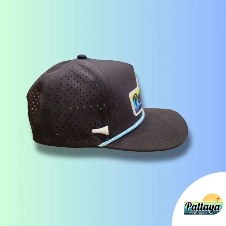 Black/white Pattaya Golf Rentals tour hat with 3 Putts Suck inner slogan